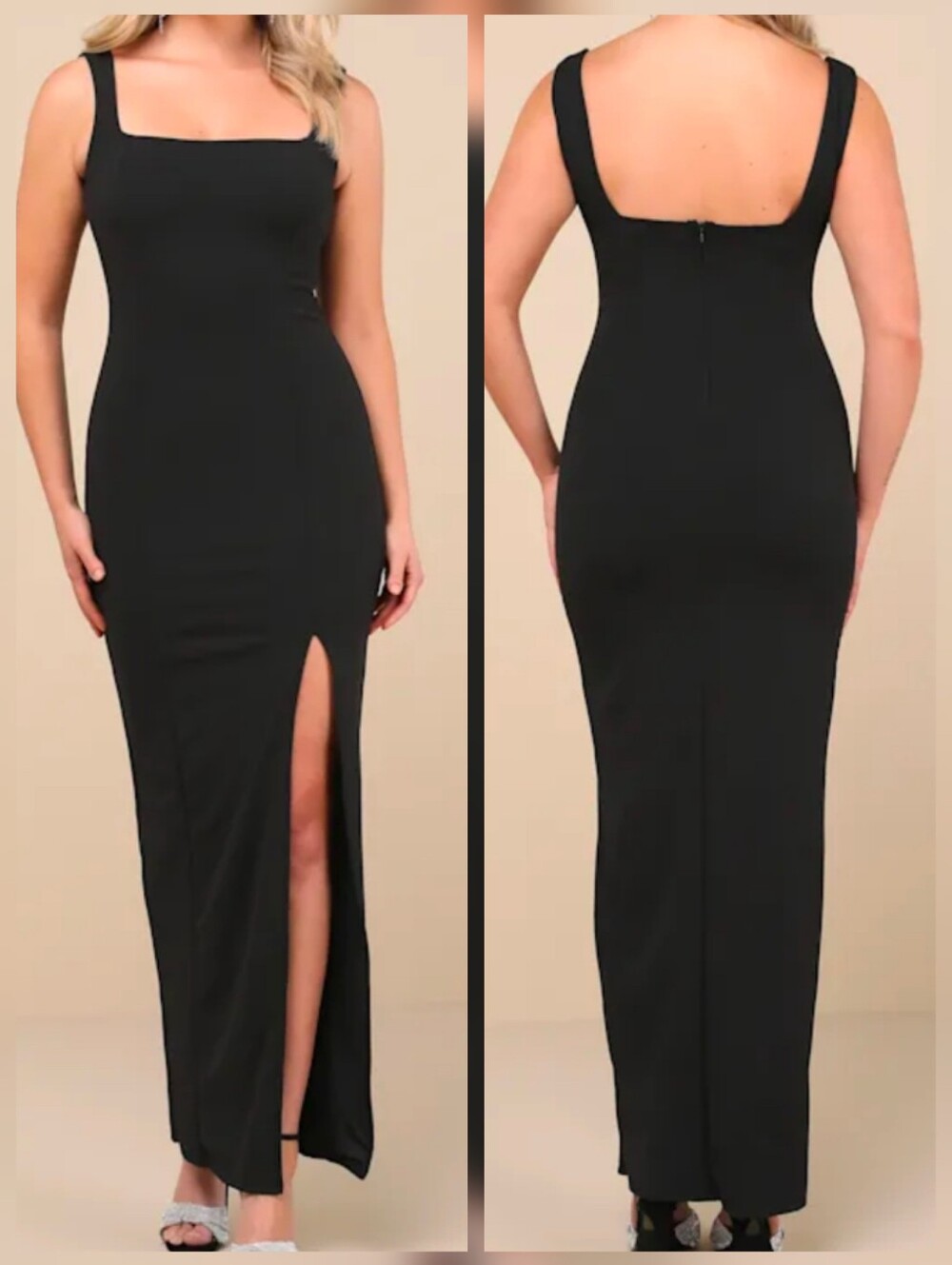 Lulus Inspiring Allure Black Square Neck Column Maxi Dress, Size Large NWT